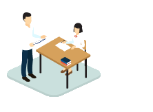 机に向かい合って学ぶ講師と生徒のイラスト