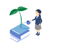 積み上げた本から伸びる芽に水をやる人物のイラスト