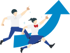 上向きの矢印の前で喜ぶ2人のイラスト