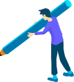 大きな鉛筆を肩に担いで歩く人物のイラスト